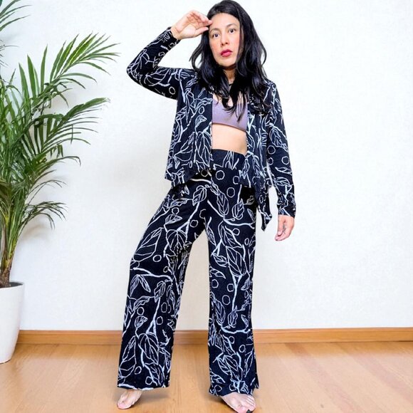 Chalet et ceci USA made botanical leaf bamboo blend 2 pc set kimono & pants S/M - Picture 3 of 14